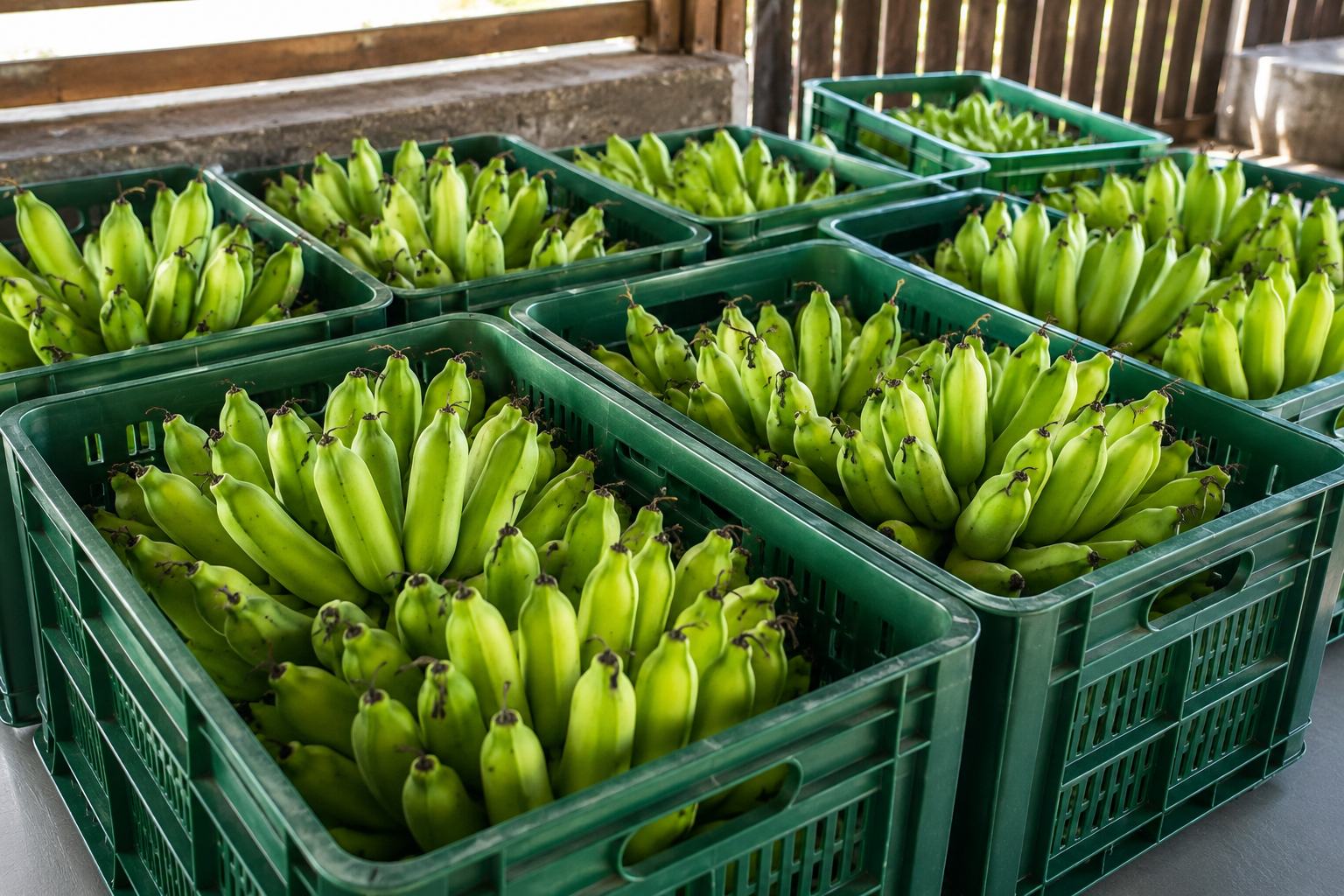 Caixas de bananas verdes organizadas para abastecimento comercial