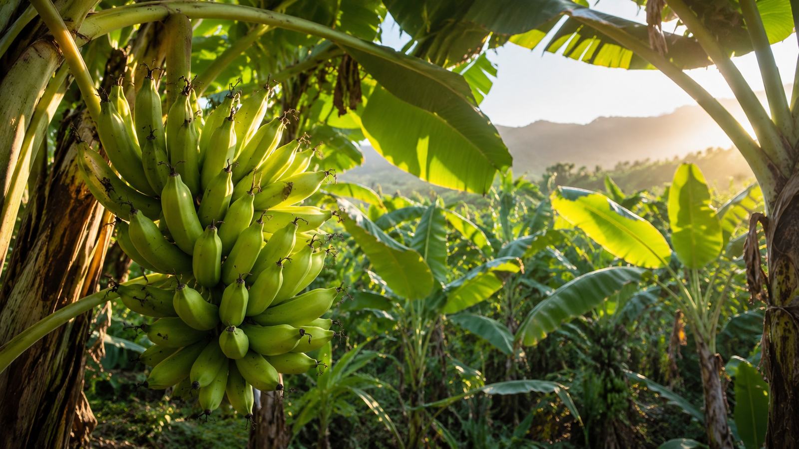 Plantação de banana maçã com cacho verde em destaque ao entardecer